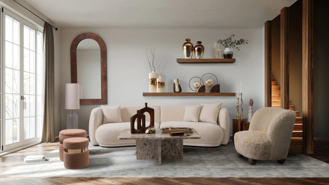 Wood 4-Seat Curved Fabric Upholstery Sofa