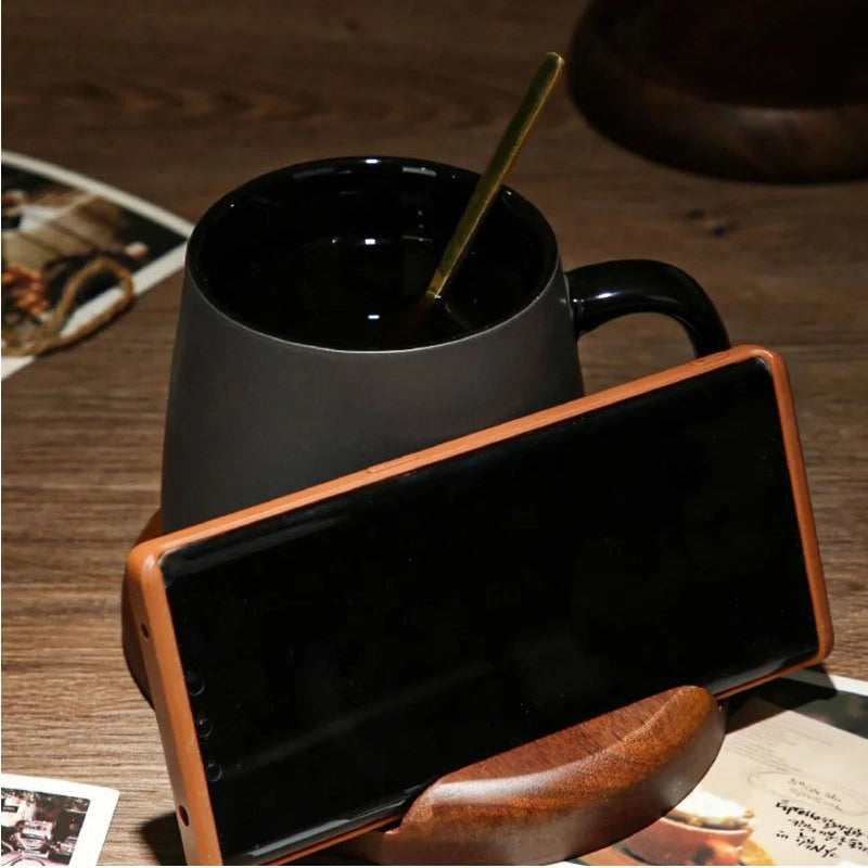 Charcoal Black Ceramic Mug with Spoon & Coaster