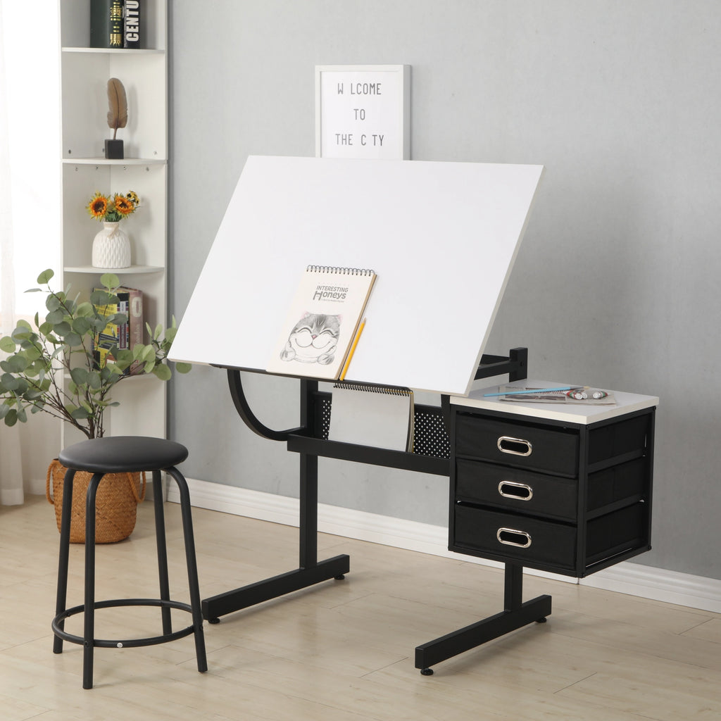 White Adjustable Drafting Drawing Table with Stool