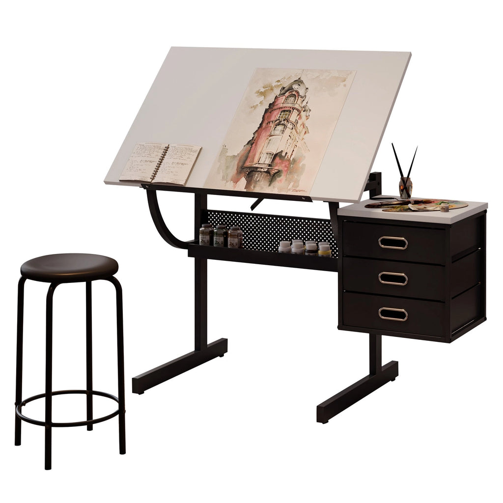 White Adjustable Drafting Drawing Table with Stool