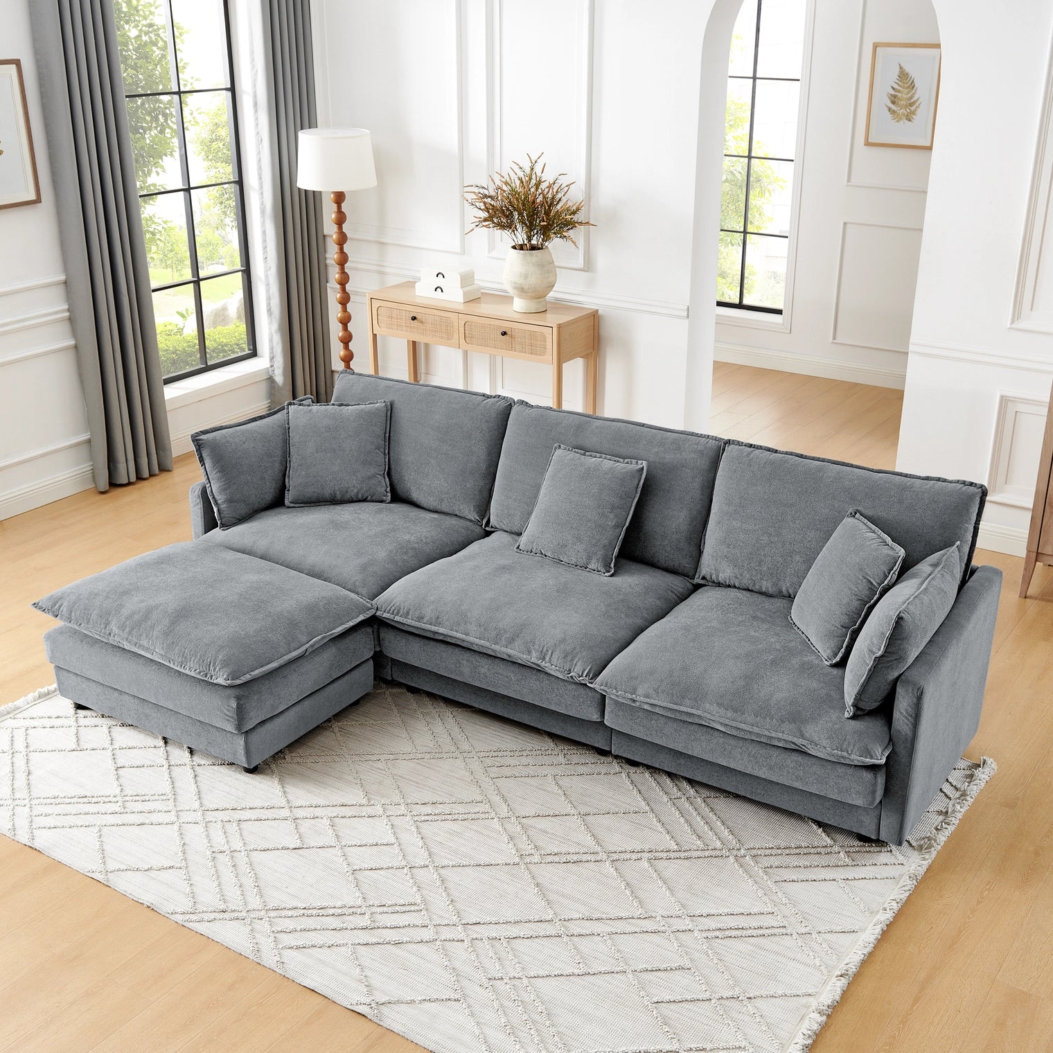 Living Room 4-Seater L-Shaped Sectional Sofa with Ottoman