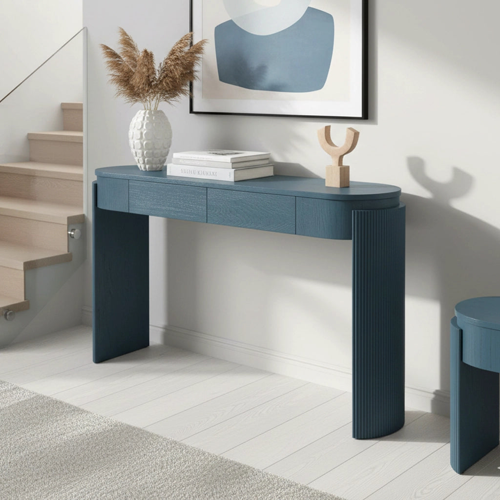 Navy Entryway Console Table Natural Wood Grain 2 Drawers
