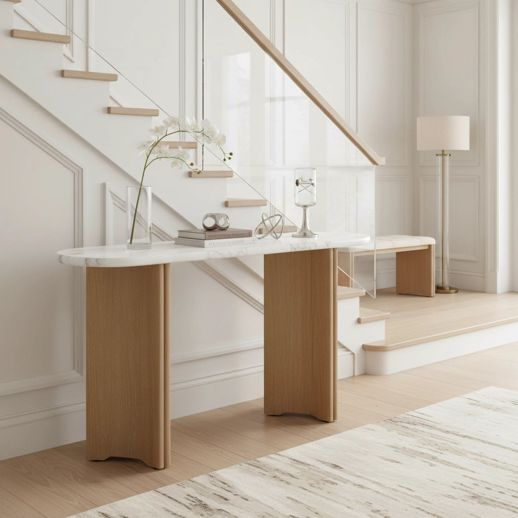 Narrow Console Table Oval Faux Marble Top