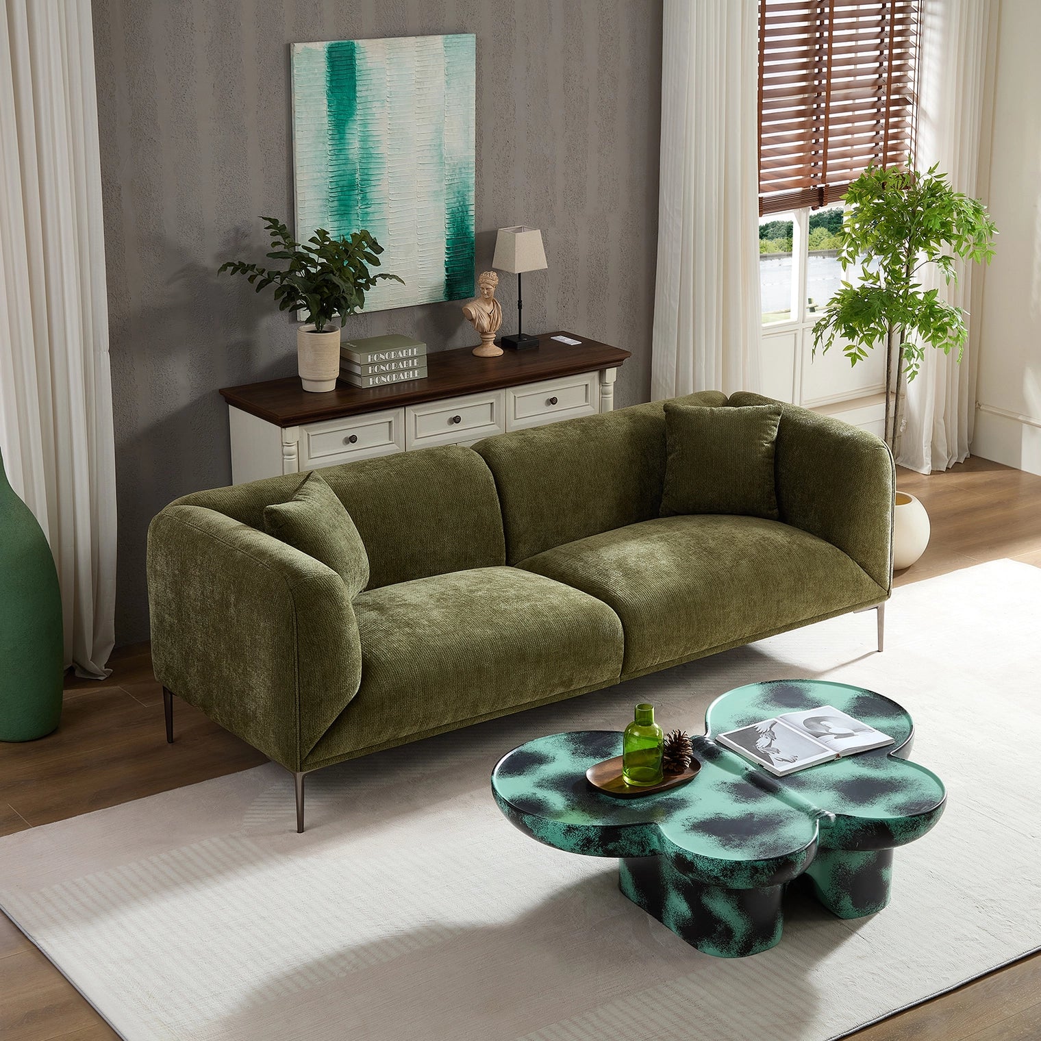 Green 3-Seater Fabric Sofa, Modern Living Room Sofa