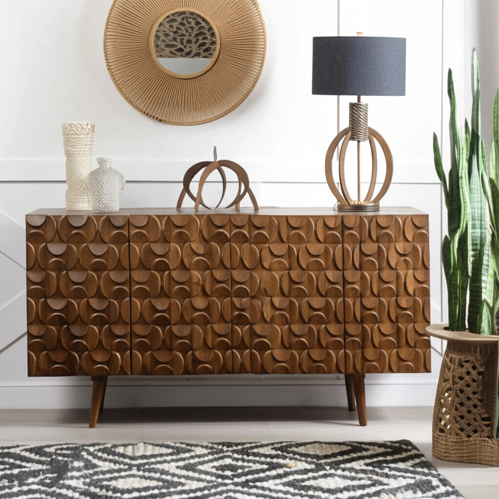 Wood Geometric Carved Front Finish Cabinet