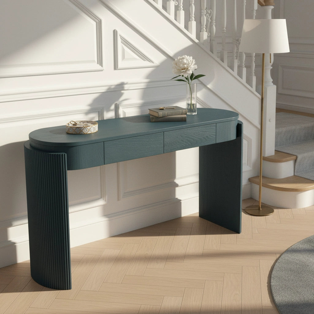 Navy Entryway Console Table Natural Wood Grain 2 Drawers