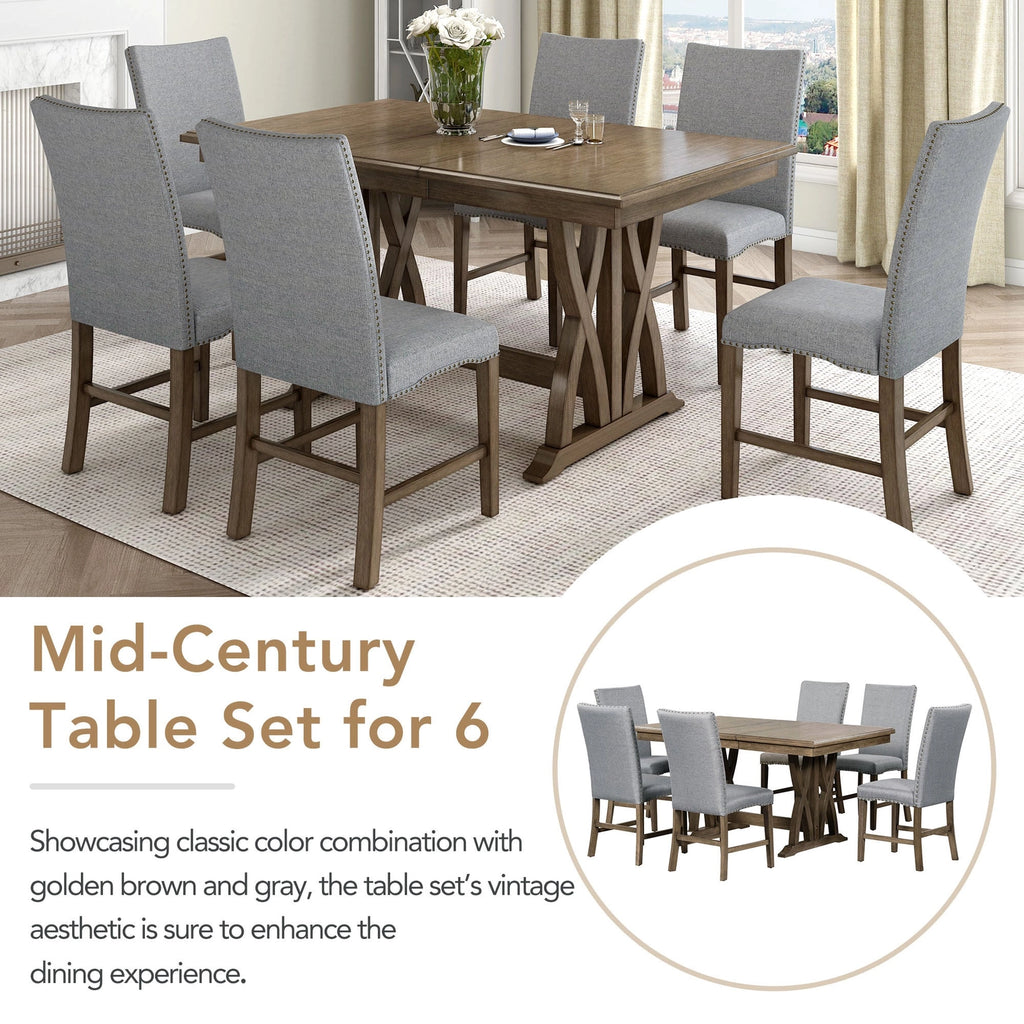 Mid-Century Extendable Solid Wood 7-Piece Dining Table Set