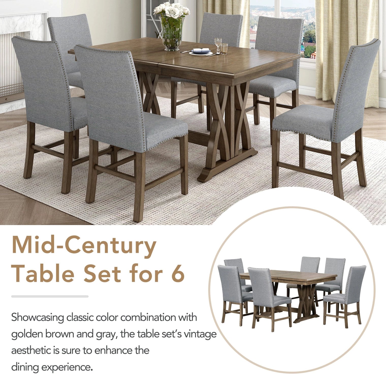 Mid-Century Extendable Solid Wood 7-Piece Dining Table Set