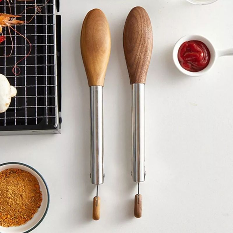 Non-Stick Wood & Stainless Steel Cooking Tongs