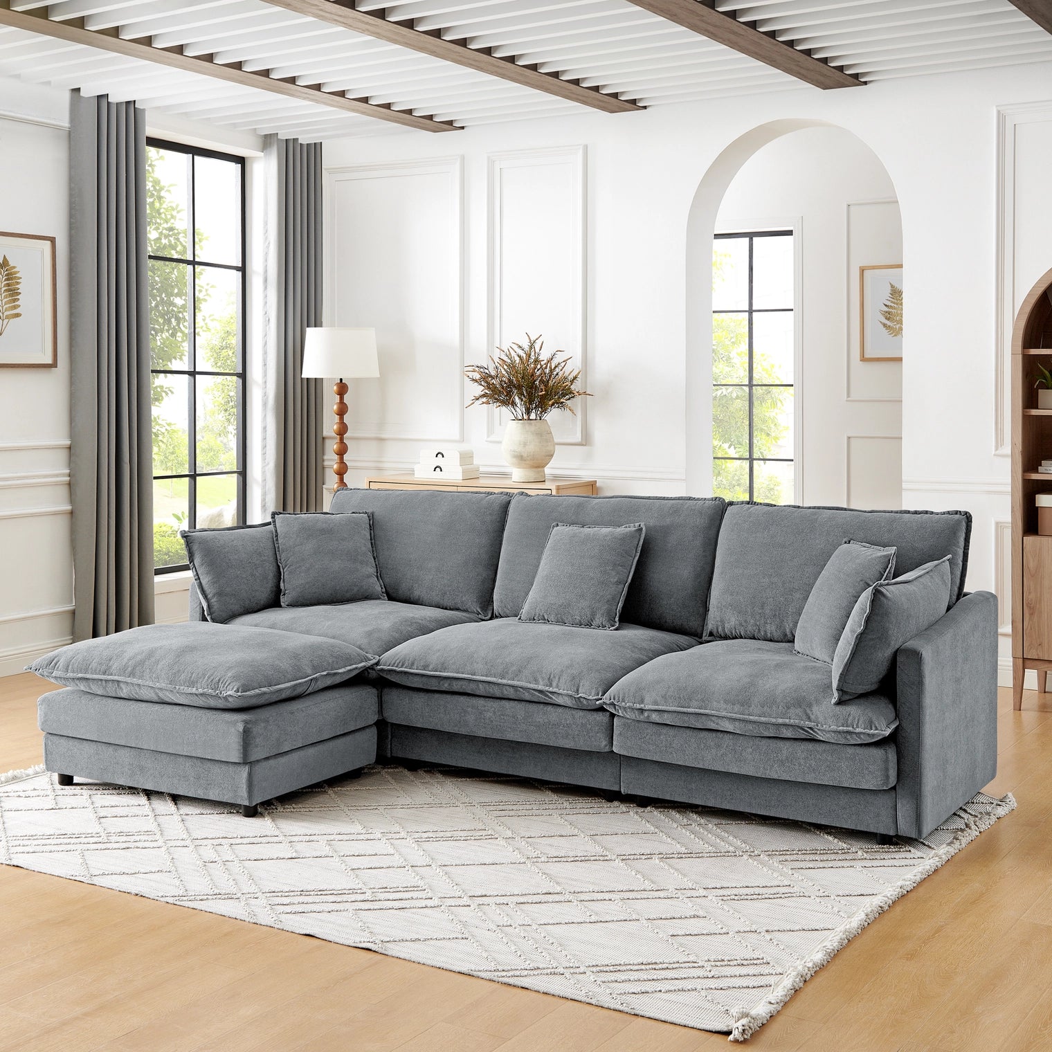 Living Room 4-Seater L-Shaped Sectional Sofa with Ottoman