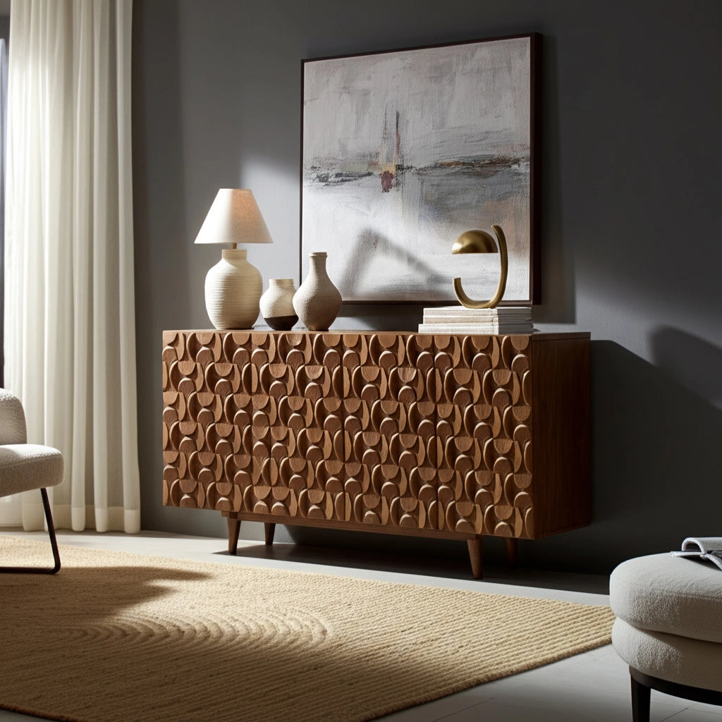 Wood Geometric Carved Front Finish Cabinet