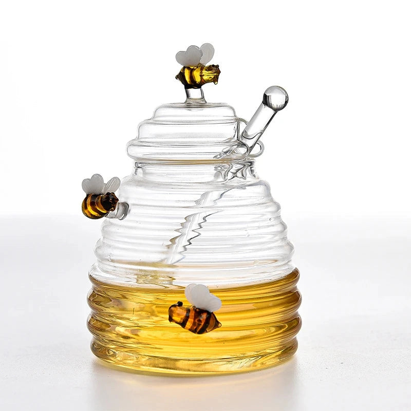 Glass Bumble Bee Honey Jar with Lid & Honey Stick