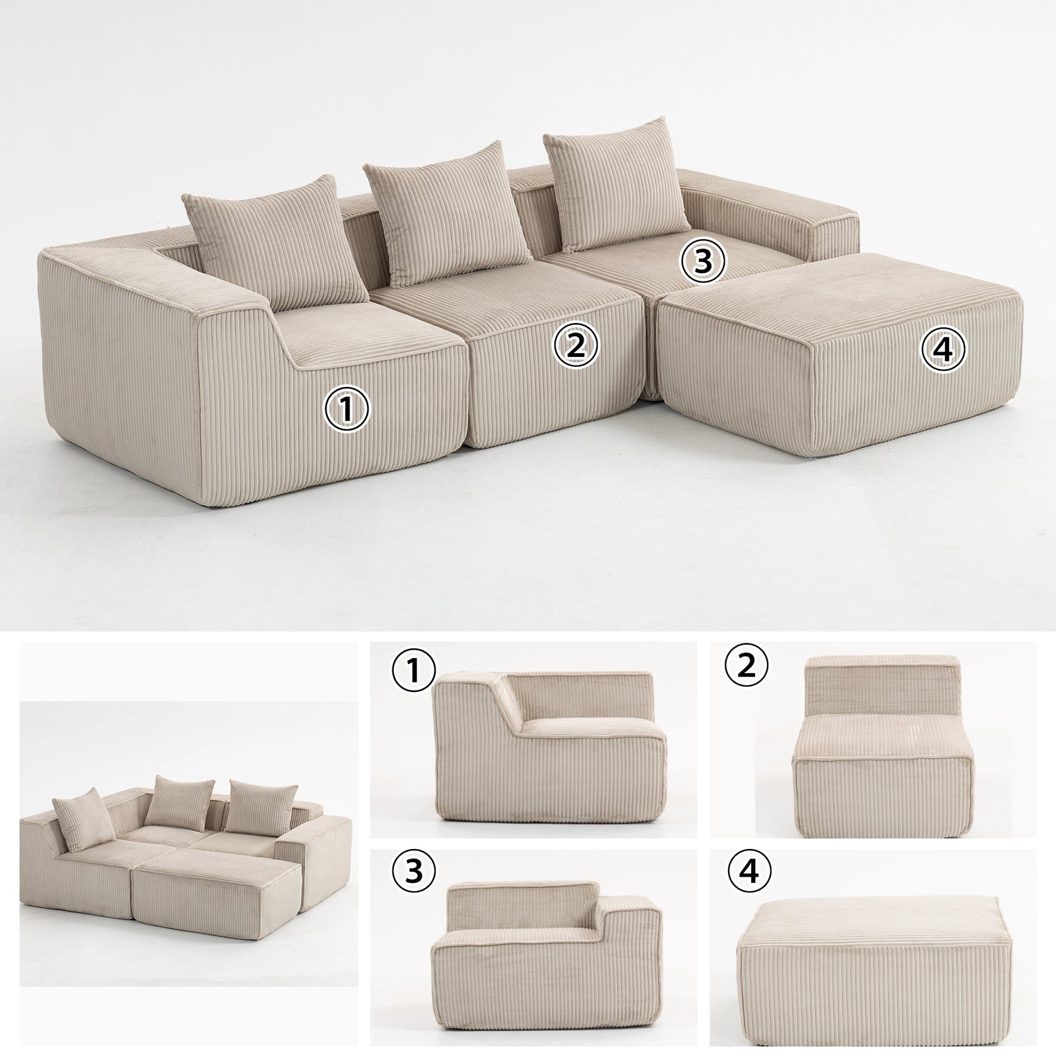 Modular Compression Sofa Set Plush Corduroy