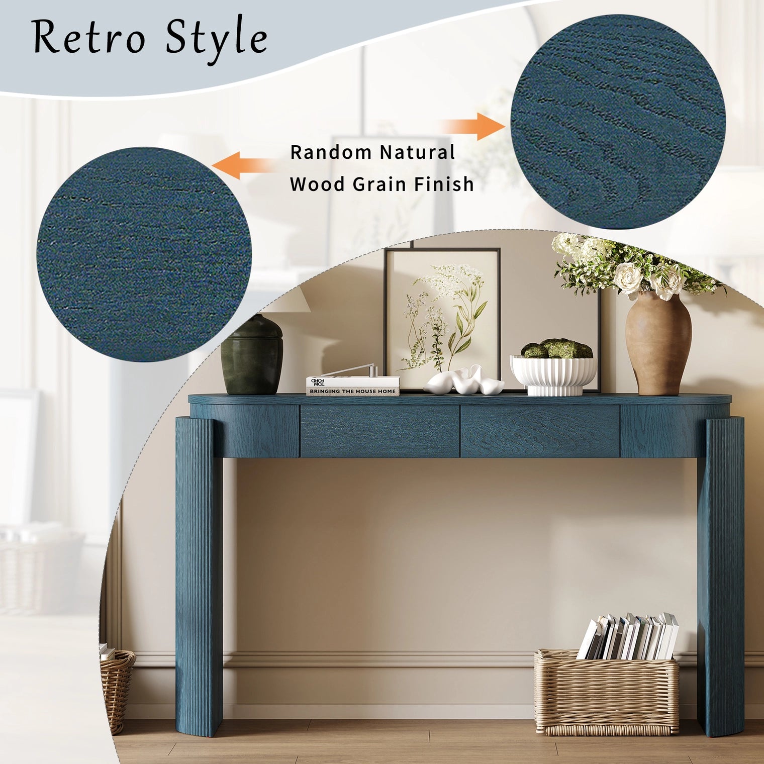 Navy Entryway Console Table Natural Wood Grain 2 Drawers