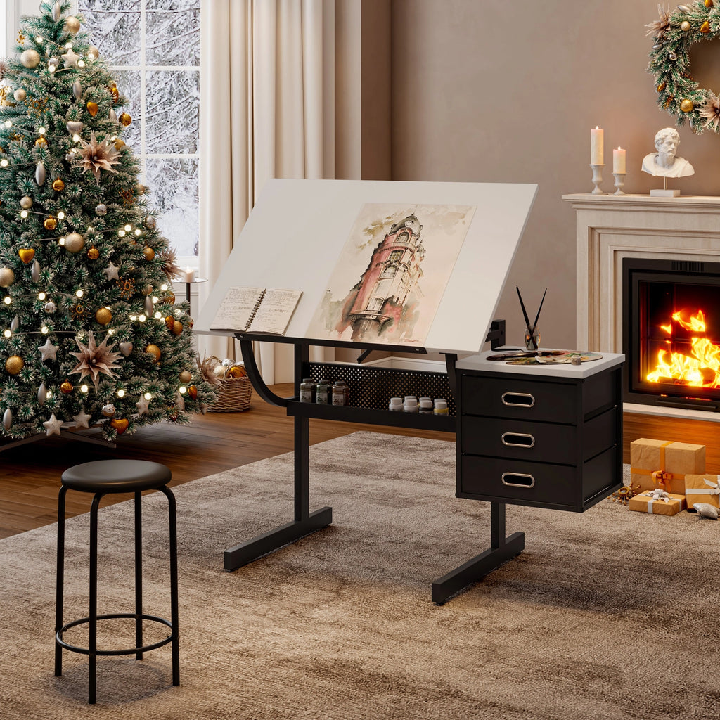 White Adjustable Drafting Drawing Table with Stool