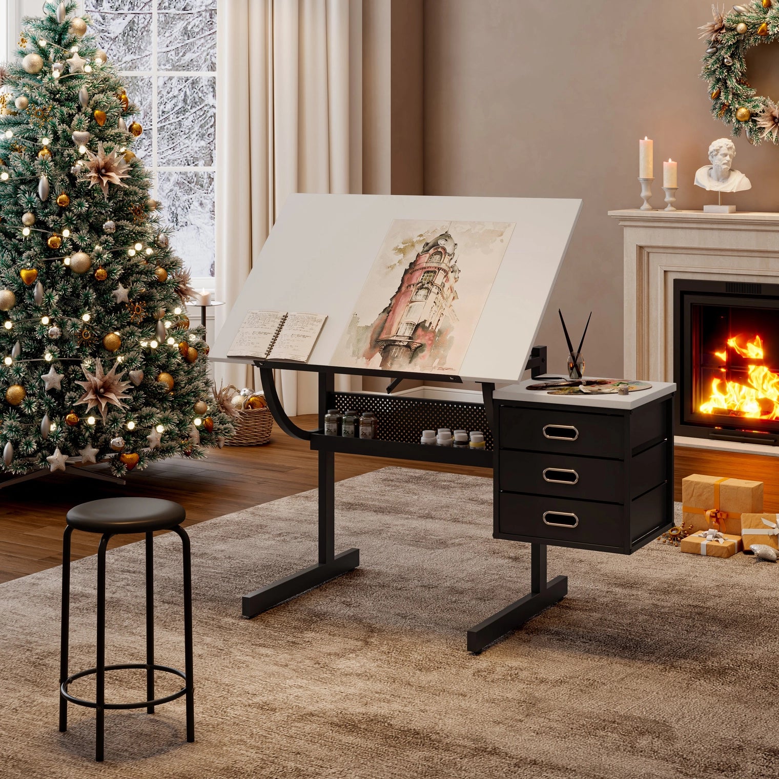 White Adjustable Drafting Drawing Table with Stool