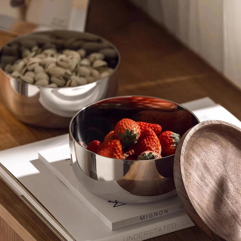 Stainless Steel Bowls with Walnut Lids 2-Piece Set