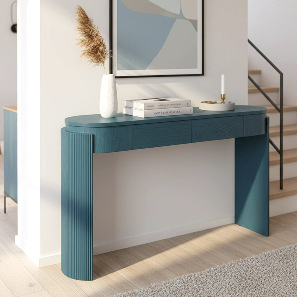 Navy Entryway Console Table Natural Wood Grain 2 Drawers