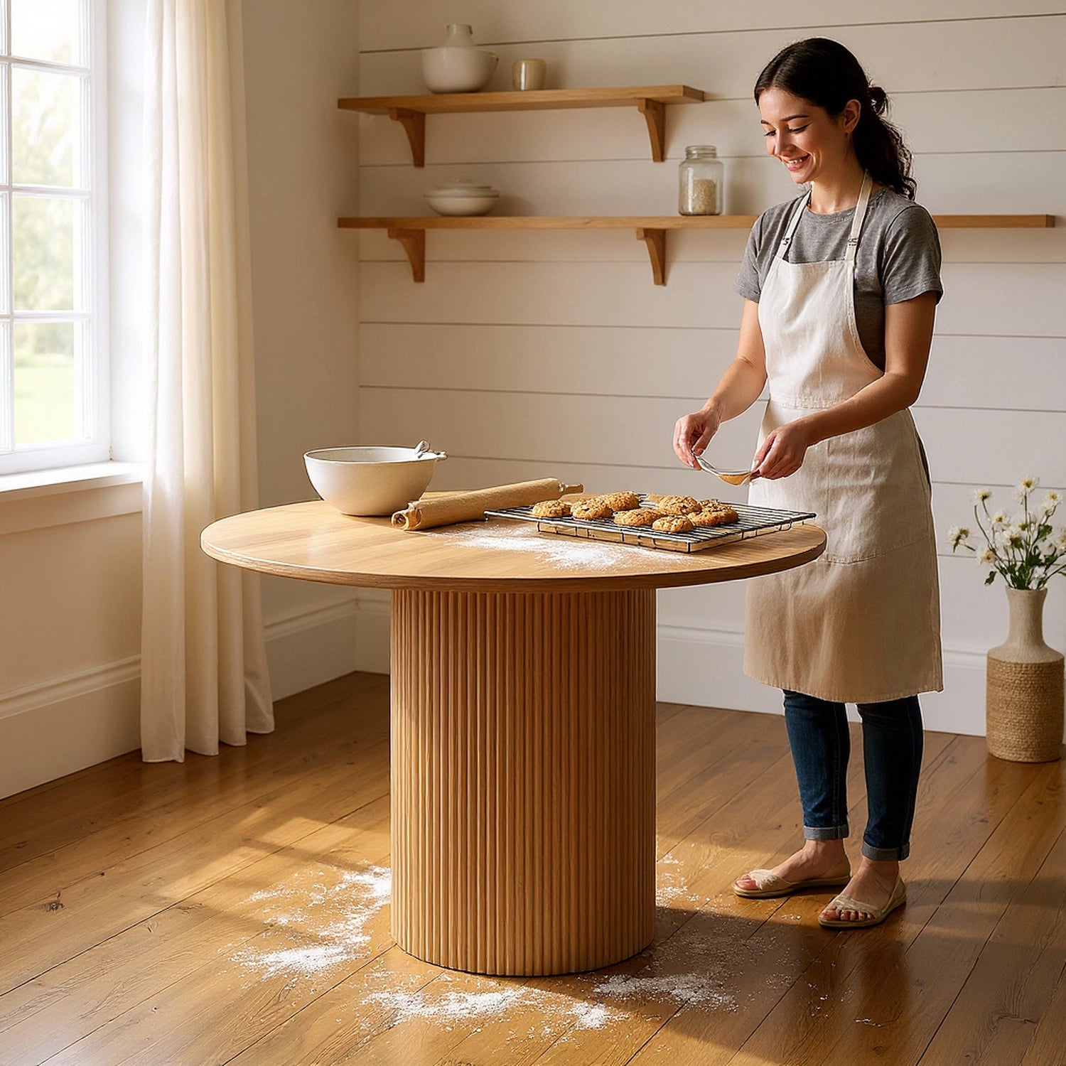 Mid-Century Round Dining Table For Living & Dining Room