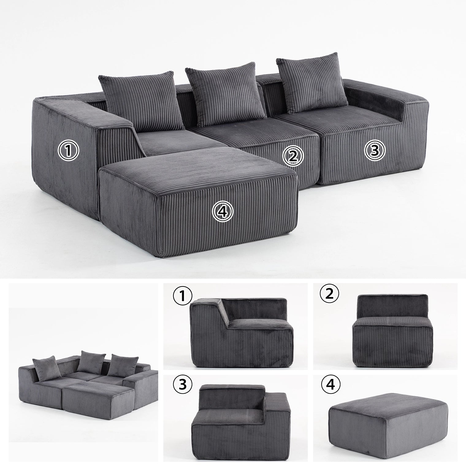 Modular Compression Sofa Set Plush Corduroy