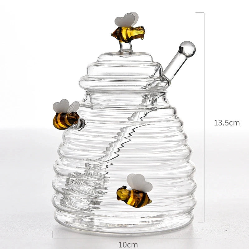 Glass Bumble Bee Honey Jar with Lid & Honey Stick