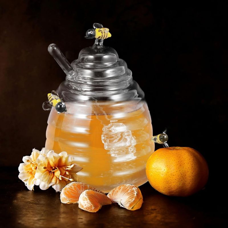Glass Bumble Bee Honey Jar with Lid & Honey Stick