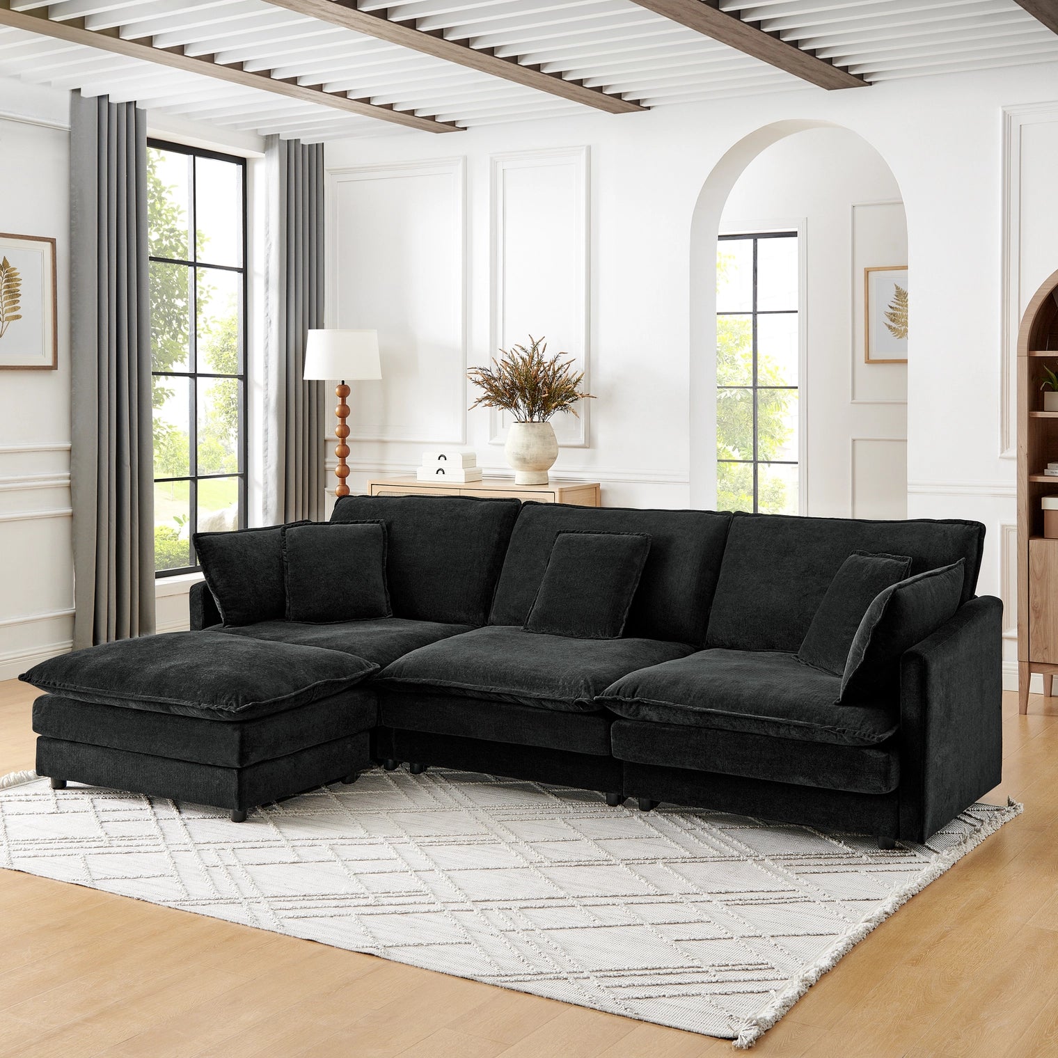 Living Room 4-Seater L-Shaped Sectional Sofa with Ottoman