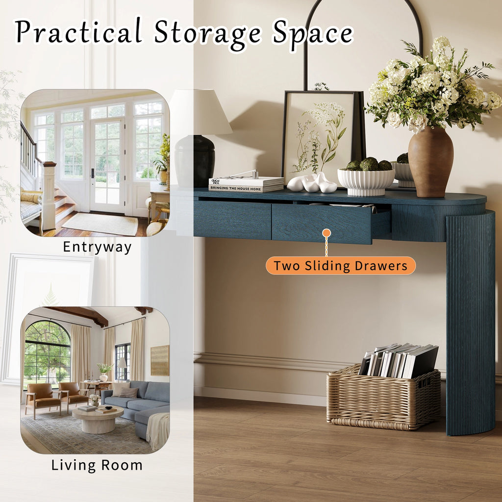 Navy Entryway Console Table Natural Wood Grain 2 Drawers