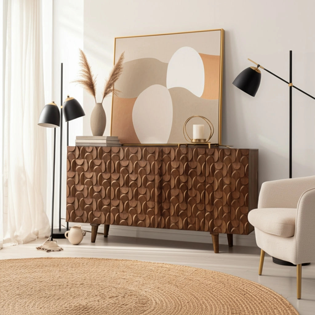 Wood Geometric Carved Front Finish Cabinet