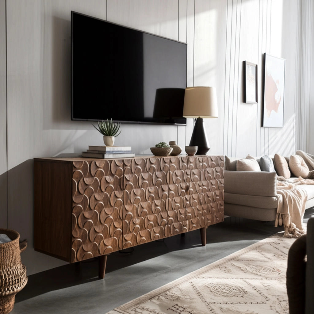 Wood Geometric Carved Front Finish Cabinet