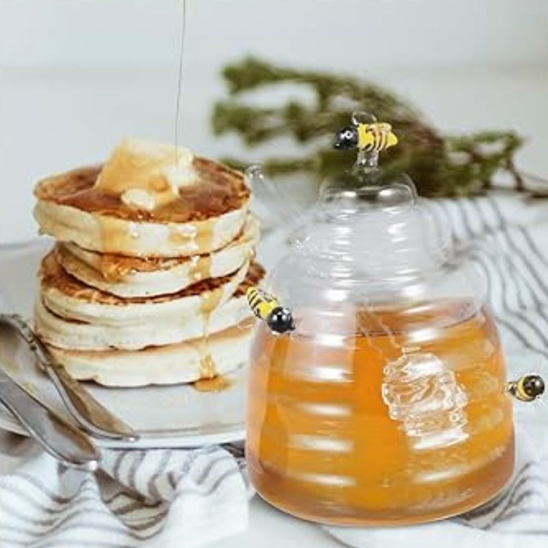 Glass Bumble Bee Honey Jar with Lid & Honey Stick
