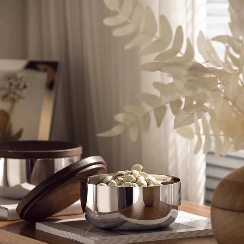 Stainless Steel Bowls with Walnut Lids 2-Piece Set