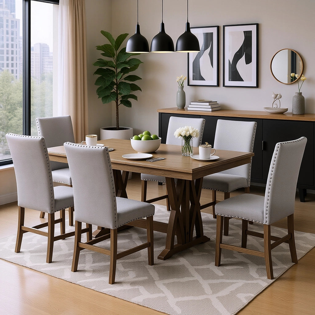 Mid-Century Extendable Solid Wood 7-Piece Dining Table Set