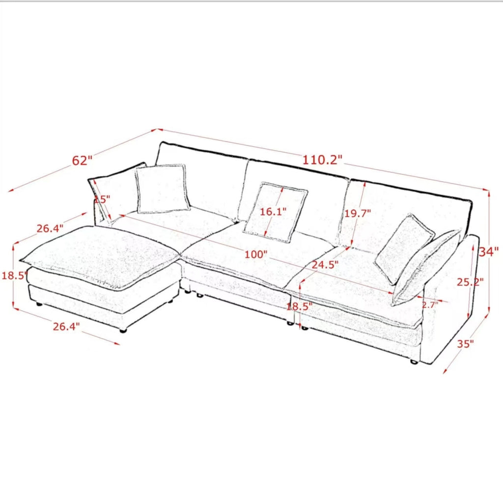 Living Room 4-Seater L-Shaped Sectional Sofa with Ottoman