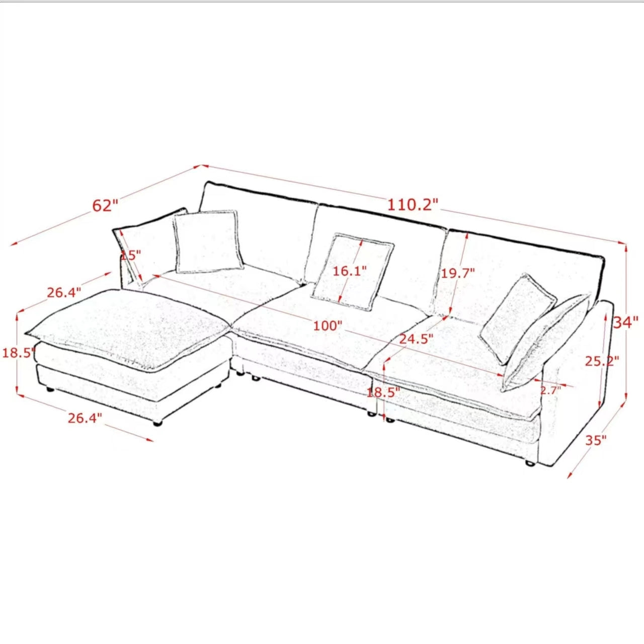 Living Room 4-Seater L-Shaped Sectional Sofa with Ottoman