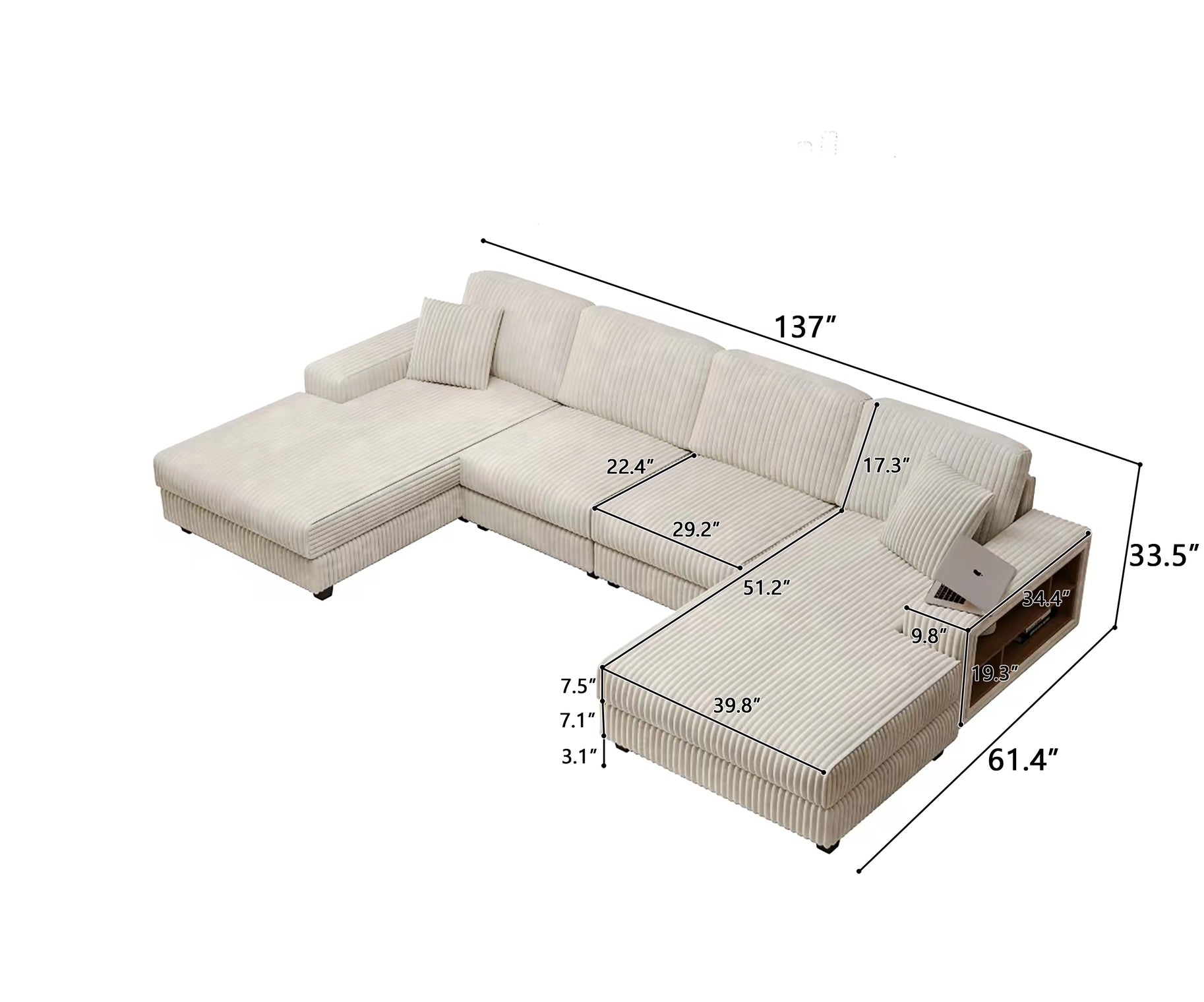 4-Seater U-Shaped Modular Sectional Sofa & Corduroy Fabric
