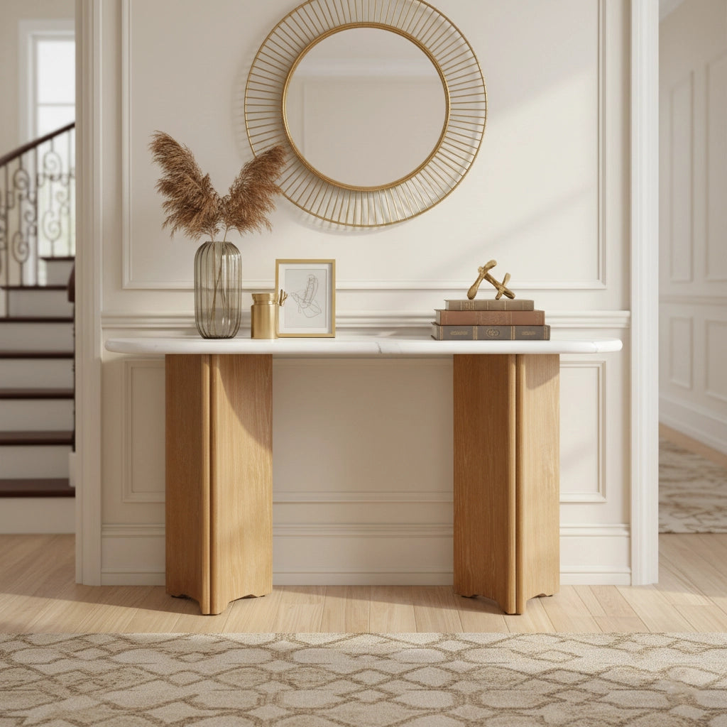 Narrow Console Table Oval Faux Marble Top