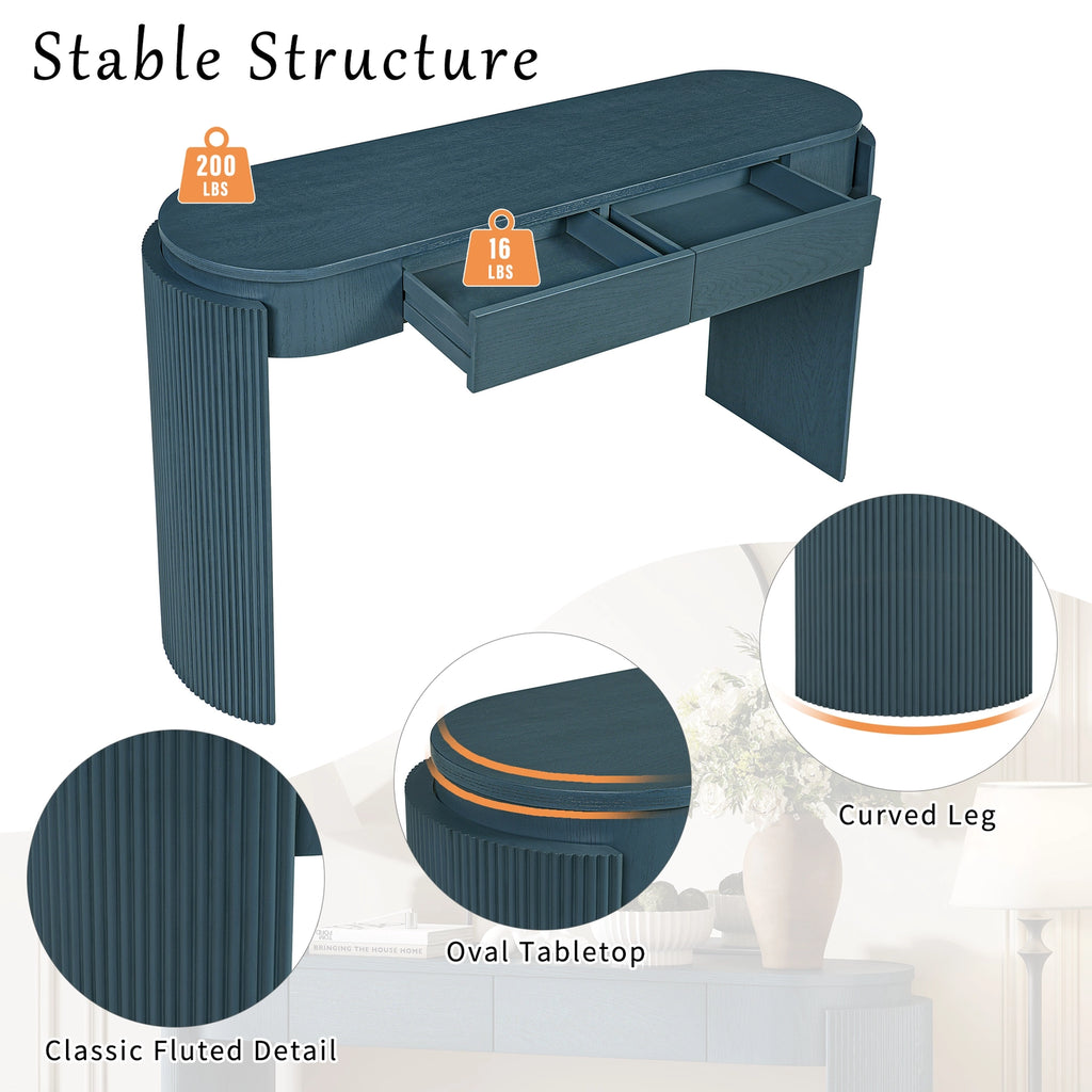 Navy Entryway Console Table Natural Wood Grain 2 Drawers