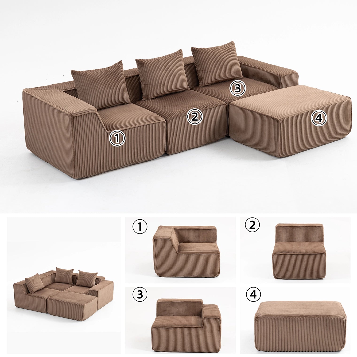 Modular Compression Sofa Set Plush Corduroy