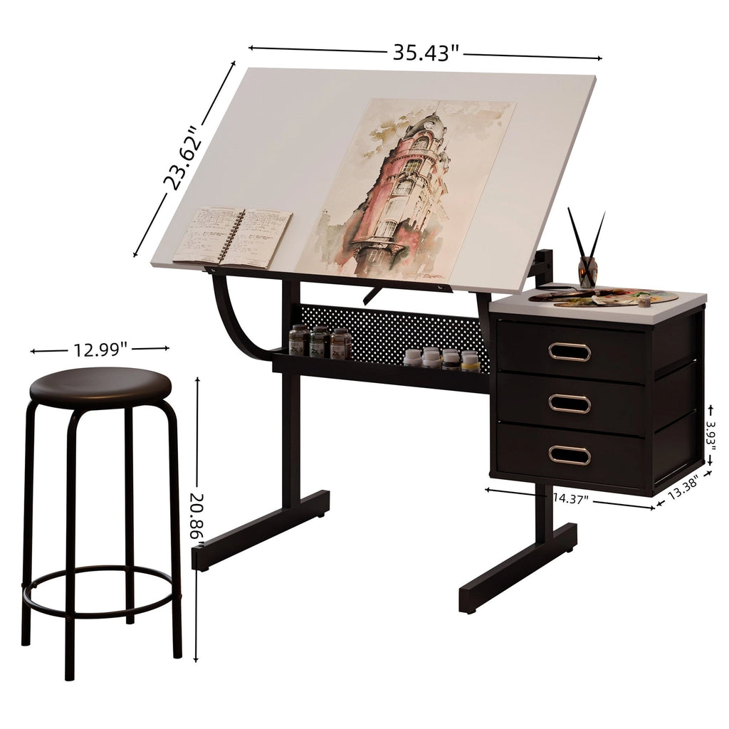 White Adjustable Drafting Drawing Table with Stool