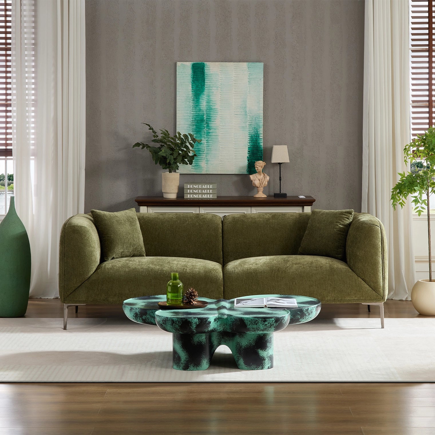 Green 3-Seater Fabric Sofa, Modern Living Room Sofa