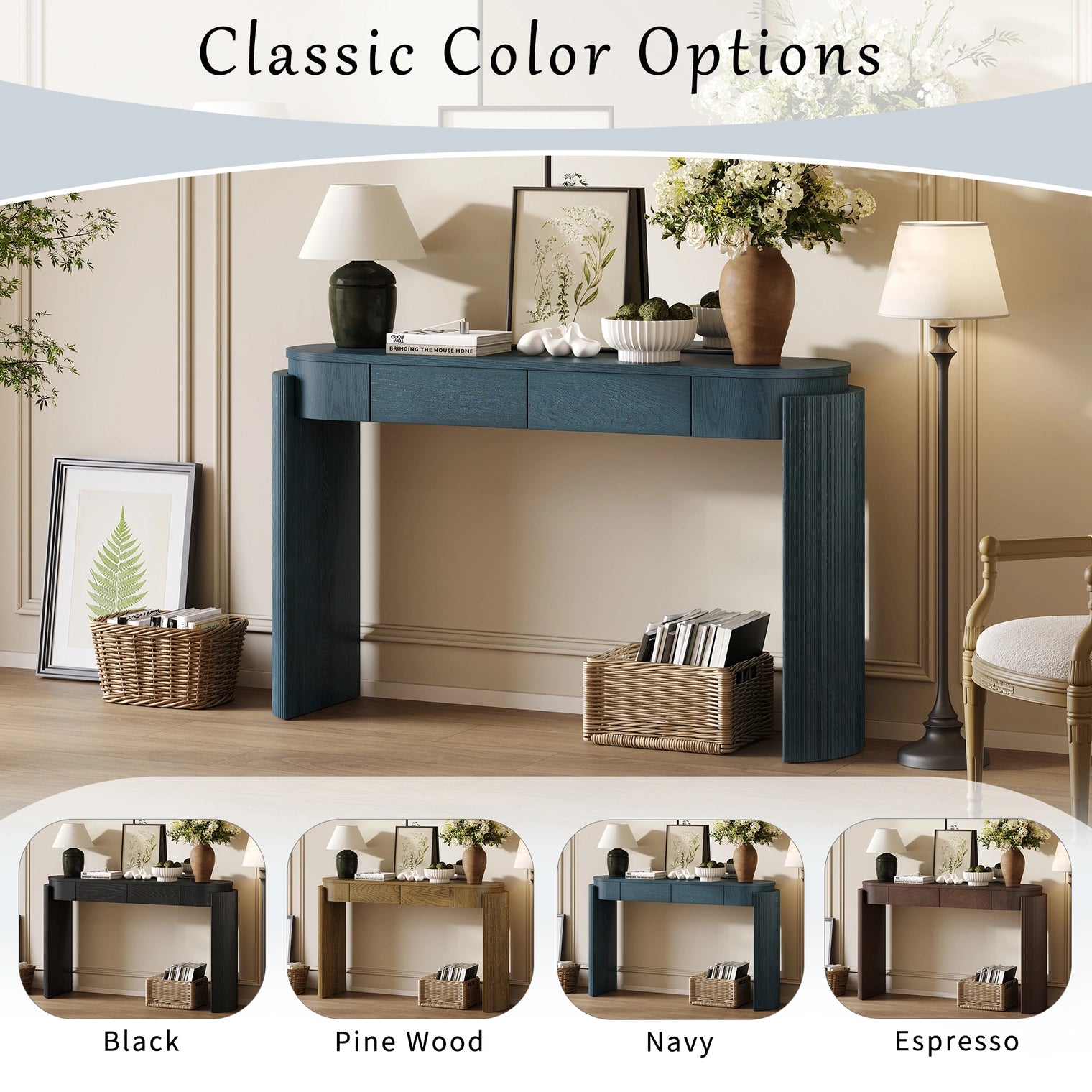 Navy Entryway Console Table Natural Wood Grain 2 Drawers