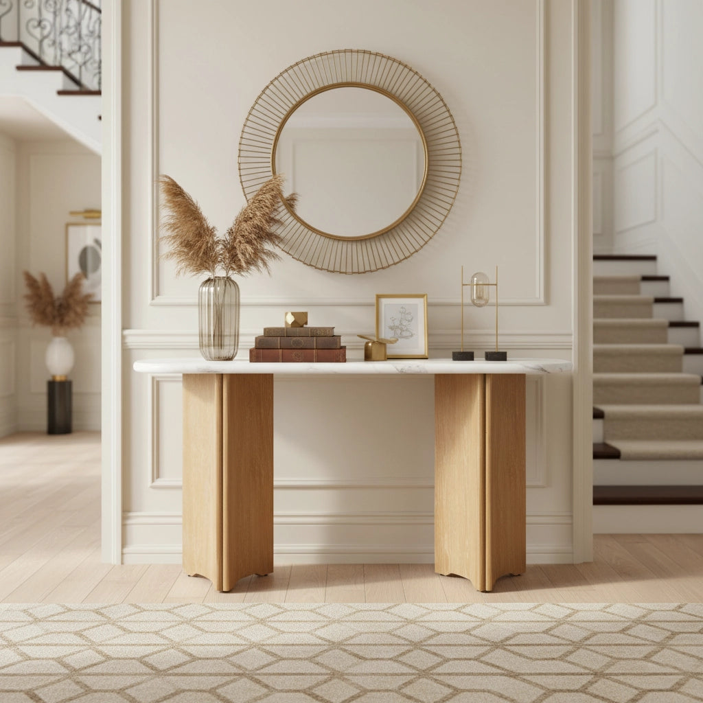 Narrow Console Table Oval Faux Marble Top