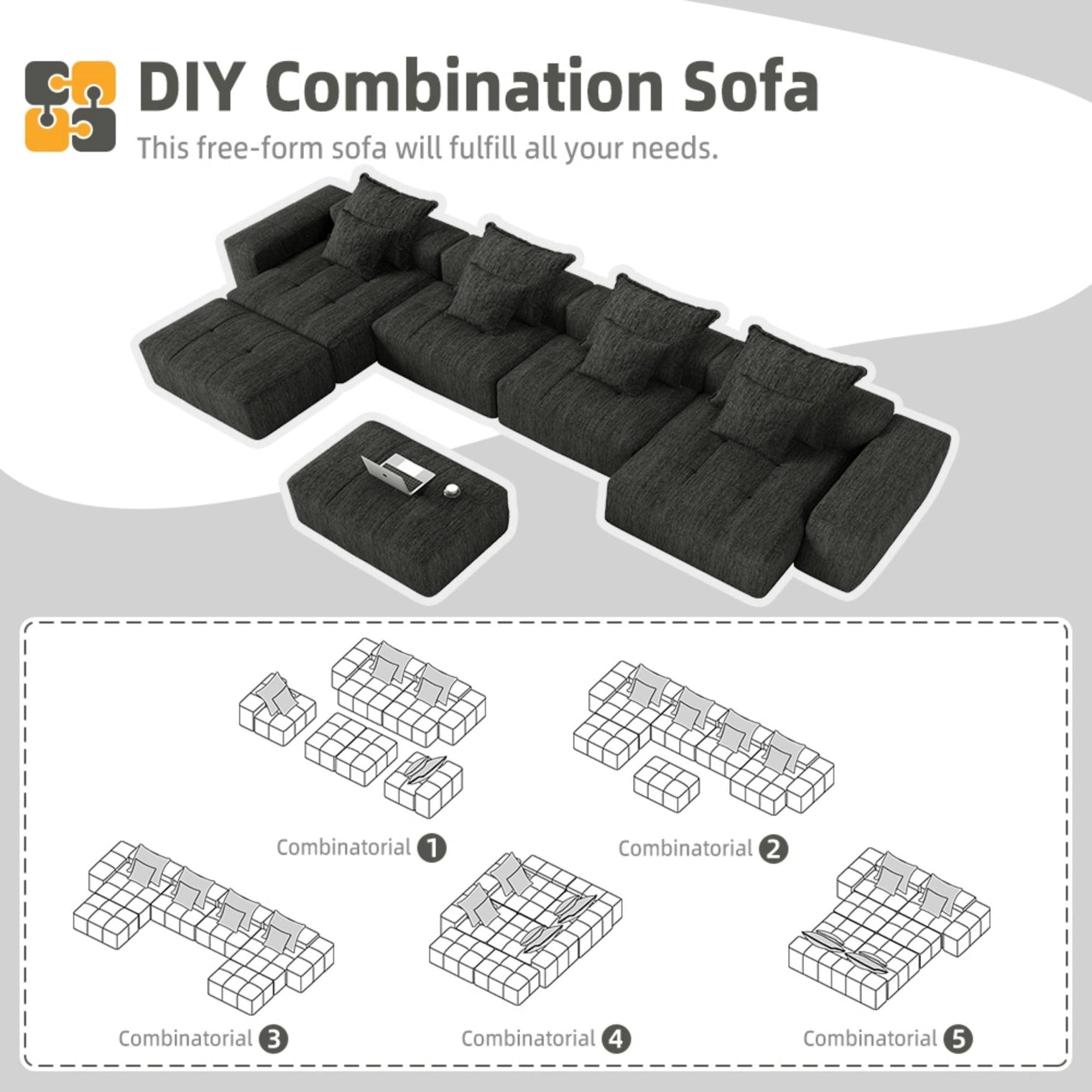 Oversized Modular Sectional Sofa Sparkling Chenille Black