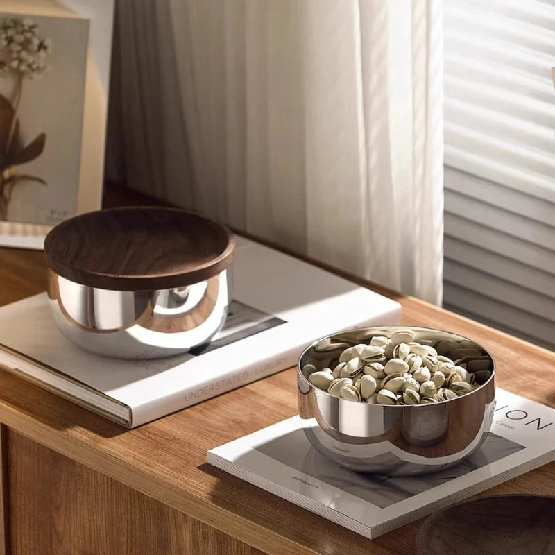 Stainless Steel Bowls with Walnut Lids 2-Piece Set
