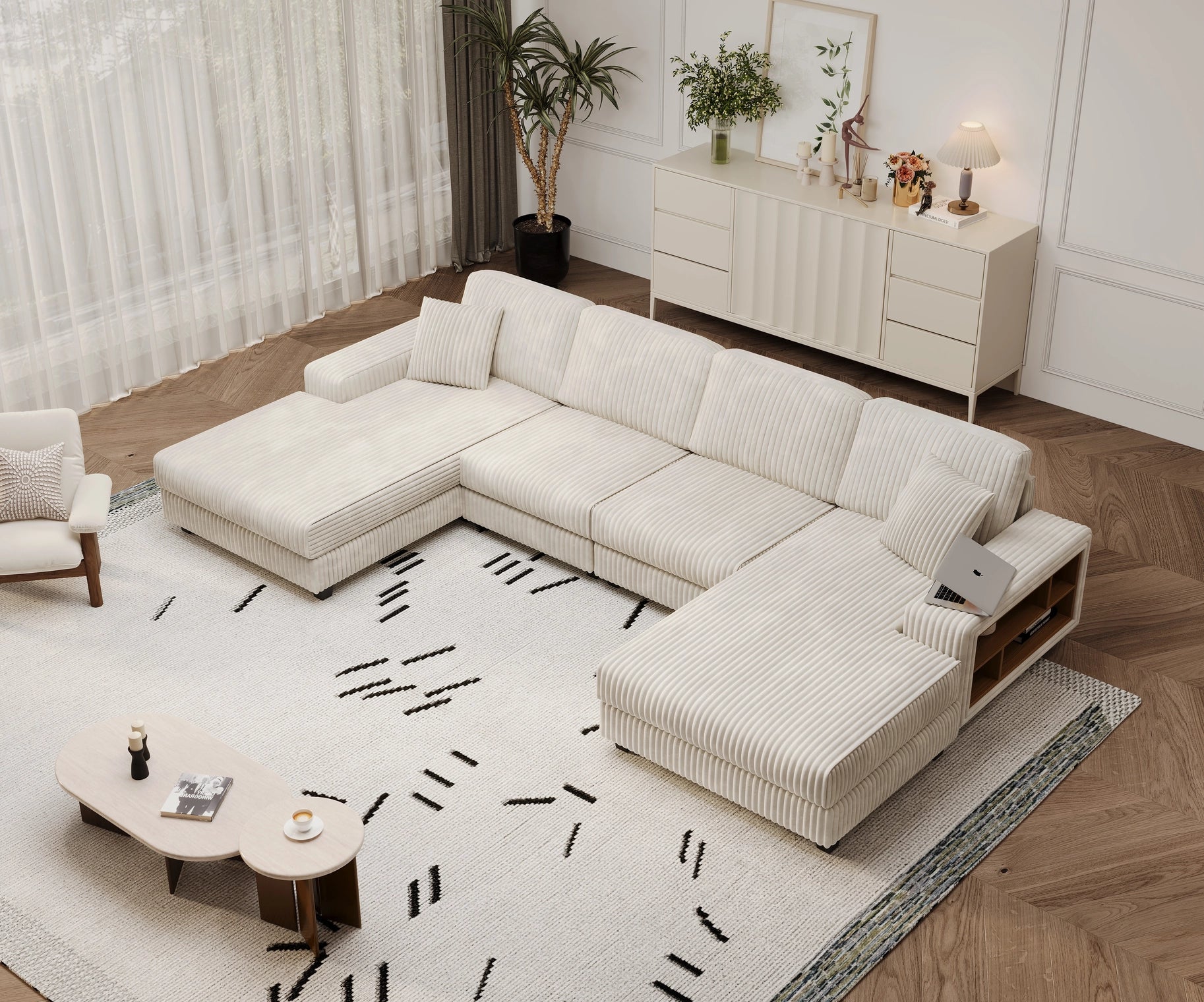 4-Seater U-Shaped Modular Sectional Sofa & Corduroy Fabric