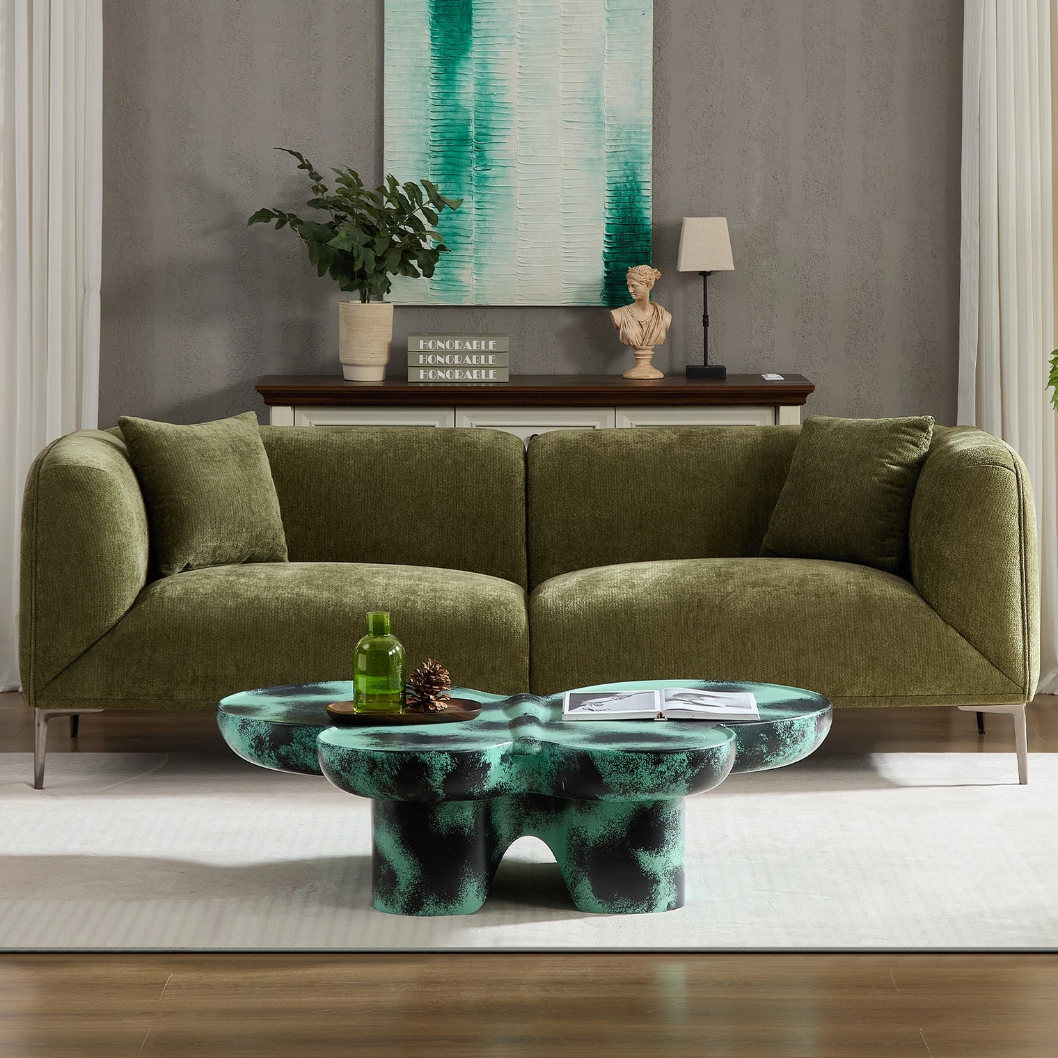 Green 3-Seater Fabric Sofa, Modern Living Room Sofa