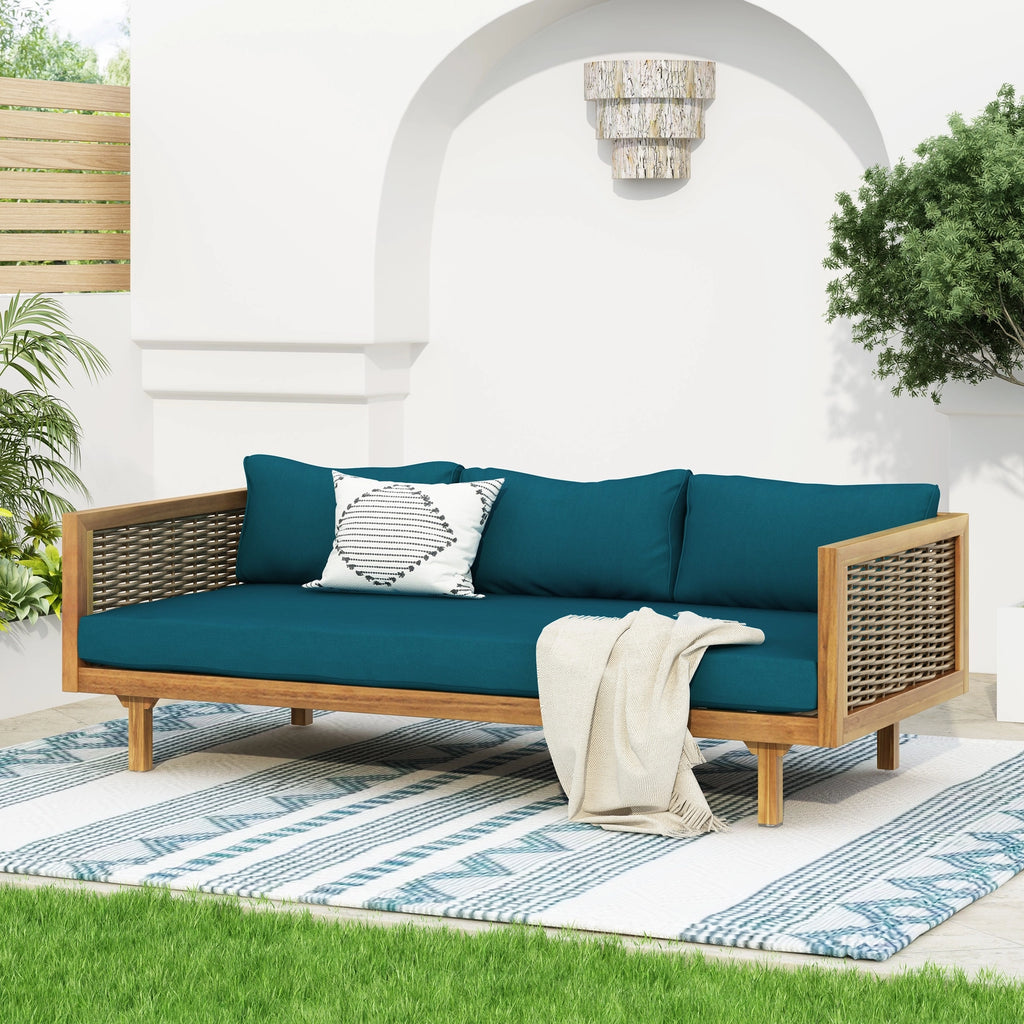 Outdoor 3 Seater Daybed with Rattan Arms and Cushions