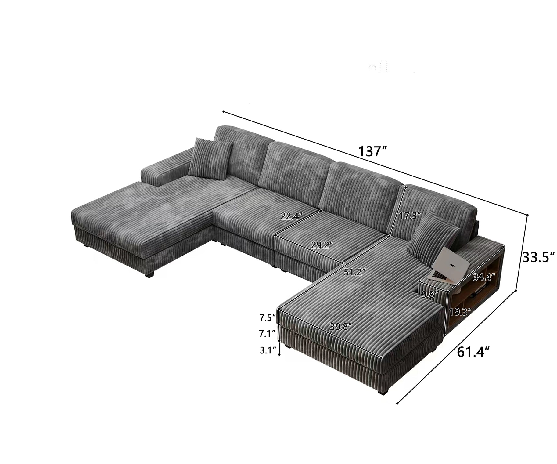 4-Seater U-Shaped Modular Sectional Sofa & Corduroy Fabric